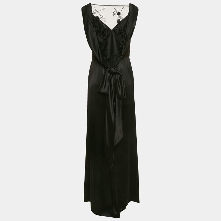 Pre Owned Nicole Bakti Black Satin Embroidery Detail Sleeveless Maxi Dress M