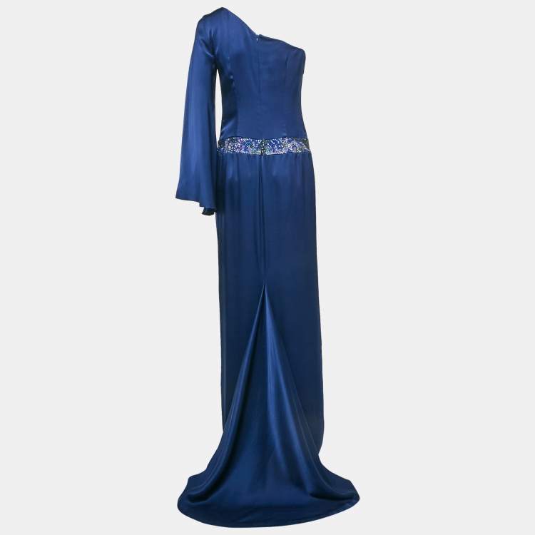 Pre Owned Nicole Miller Blue Sequin Embellished Satin Silk One Shoulder Cocktail Dress M