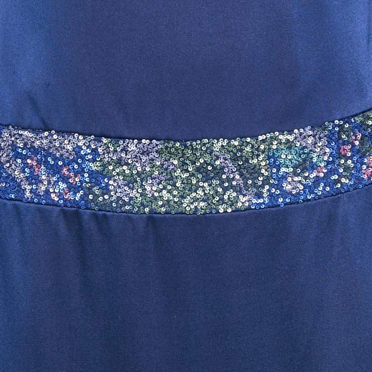 Pre Owned Nicole Miller Blue Sequin Embellished Satin Silk One Shoulder Cocktail Dress M