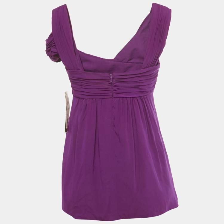 Pre Owned Nicole Miller Purple Silk Pleated Sleeveless Top S