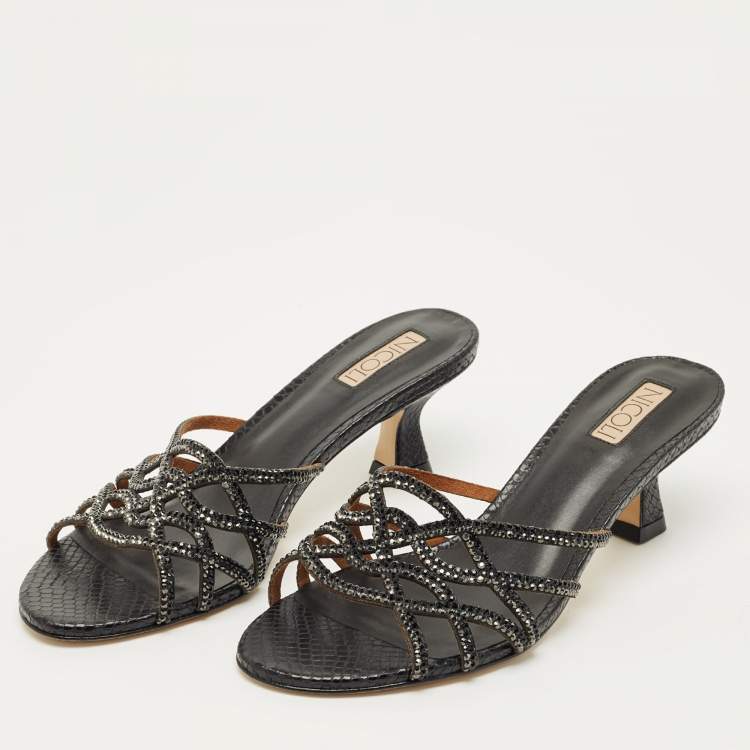Pre Owned Nicoli Black Snakeskin Embossed Leather Nadege 55 Slide Sandals Size 39