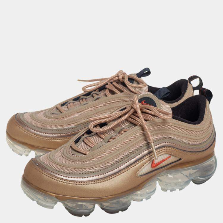 Pre Owned Nike Gold Leather Mesh Air Vapor Max 97 Low Top Sneakers Size 40