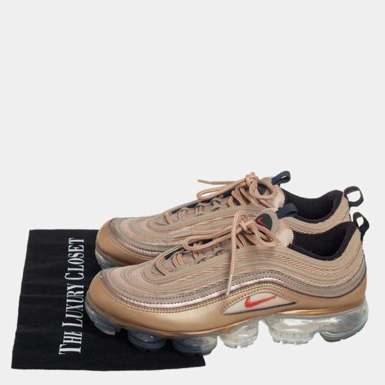 Pre Owned Nike Gold Leather Mesh Air Vapor Max 97 Low Top Sneakers Size 40