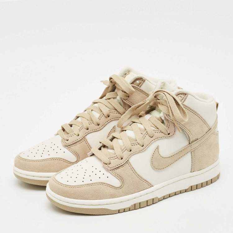 Pre Owned Nike Tan/White Suede and Leather Dunk High Top Sneakers Size 38.5