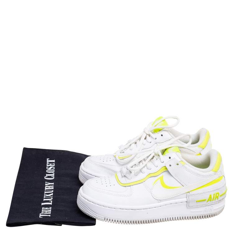 Pre Owned Nike White/Neon Yellow Leather Air Force 1 Shadow Low-Top Sneakers Size 36.5