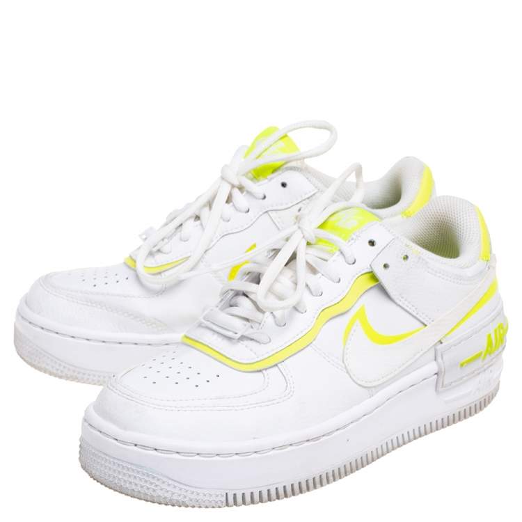 Pre Owned Nike White/Neon Yellow Leather Air Force 1 Shadow Low-Top Sneakers Size 36.5