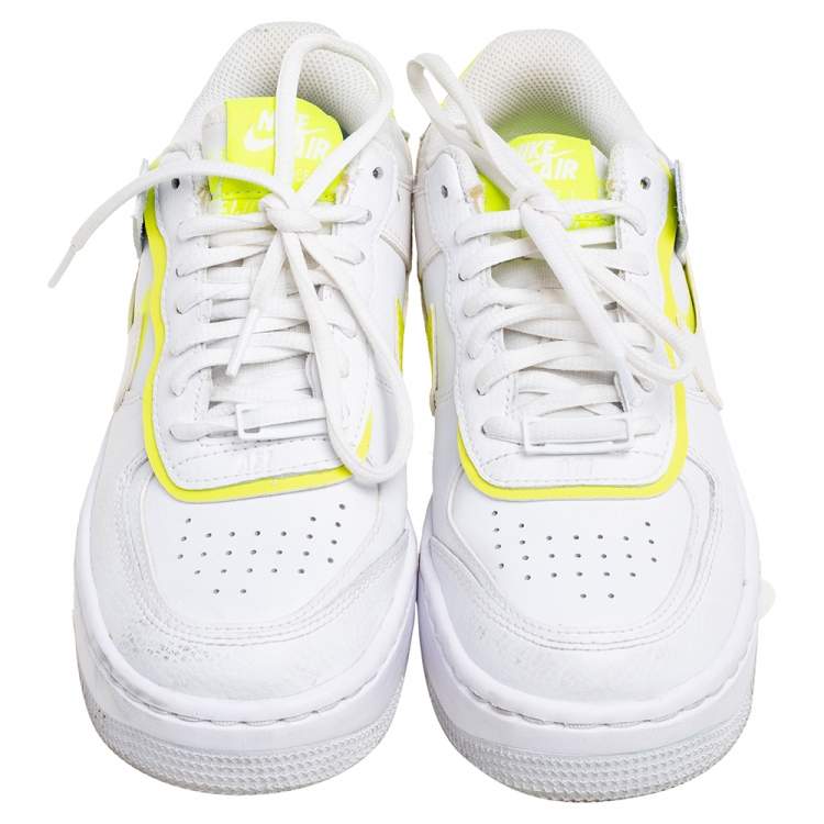 Pre Owned Nike White/Neon Yellow Leather Air Force 1 Shadow Low-Top Sneakers Size 36.5
