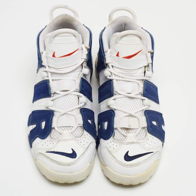 Pre Owned Nike Air White/Blue Leather More Uptempo Knicks Sneakers Size 38