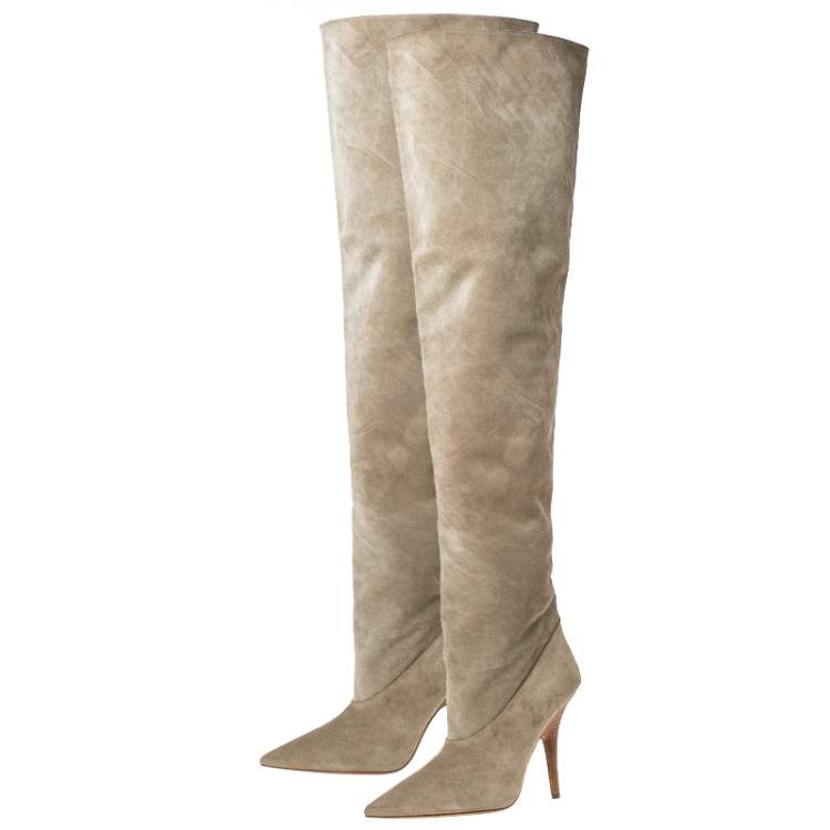 Pre Owned Yeezy Beige Suede Season 5 Over The Knee Pointed Toe Boots Size 38.5