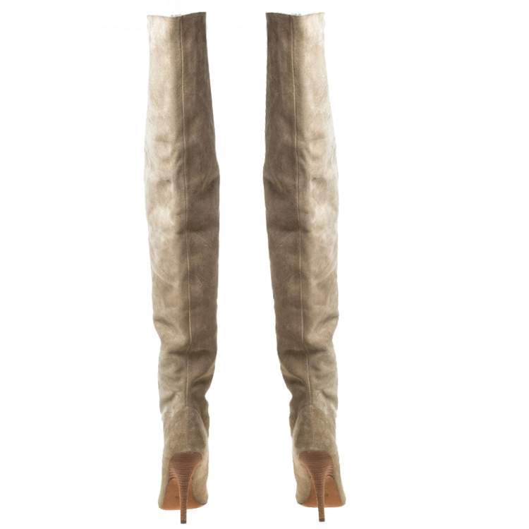 Pre Owned Yeezy Beige Suede Season 5 Over The Knee Pointed Toe Boots Size 38.5