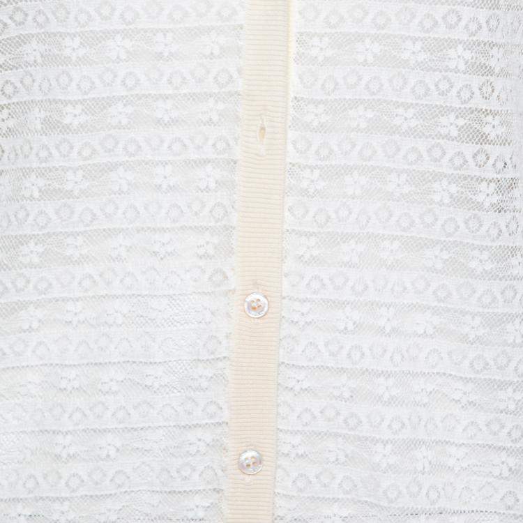 Pre Owned Nina Ricci Cream Striped Knit and Lace Cardigan XL