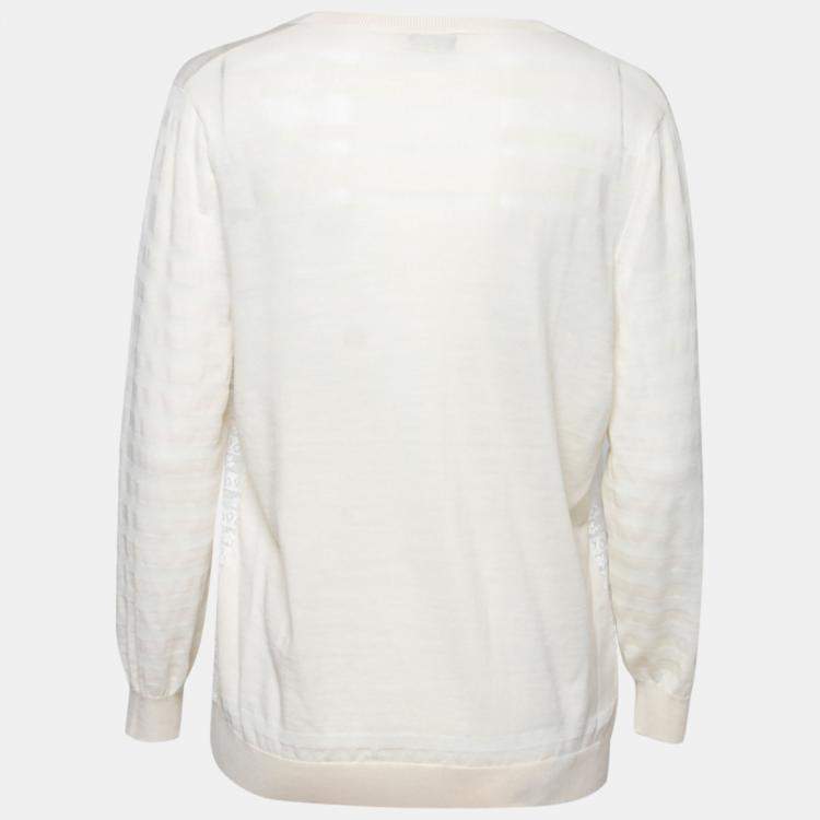 Pre Owned Nina Ricci Cream Striped Knit and Lace Cardigan XL