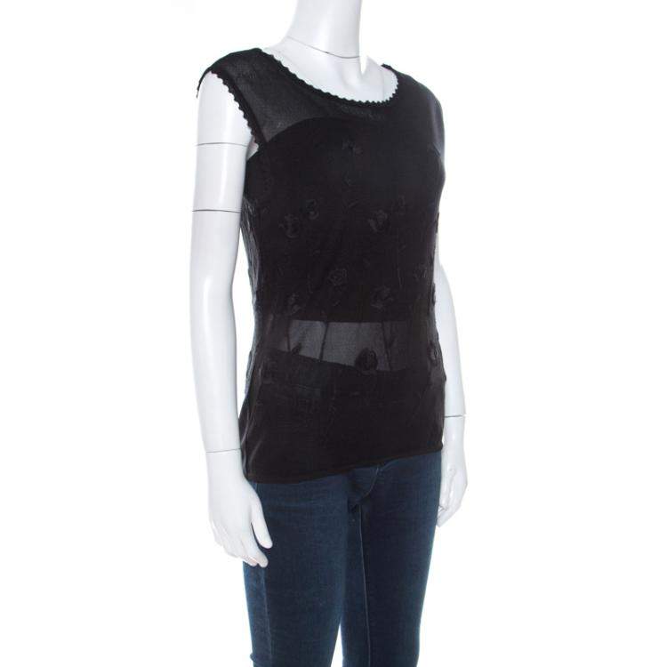 Pre Owned Nina Ricci Black Floral Embroidered Knit Sleeveless Top S 