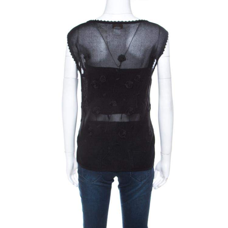 Pre Owned Nina Ricci Black Floral Embroidered Knit Sleeveless Top S 