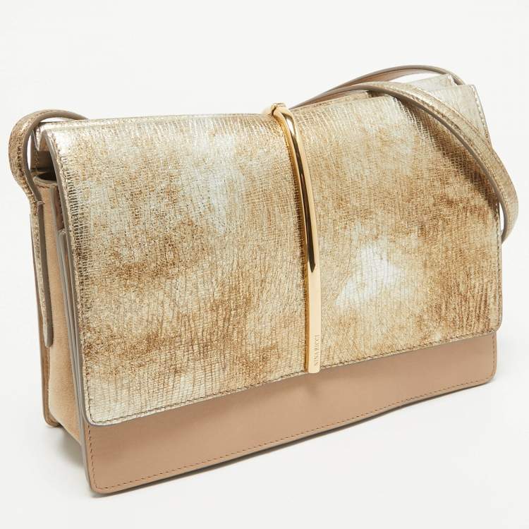 Pre Owned Nina Ricci Gold/Beige Leather and Suede Arc Shoulder Bag