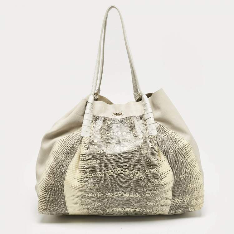 Pre Owned Nina Ricci Beige/Cream Leather and Lizard Ondine Cabas Tote