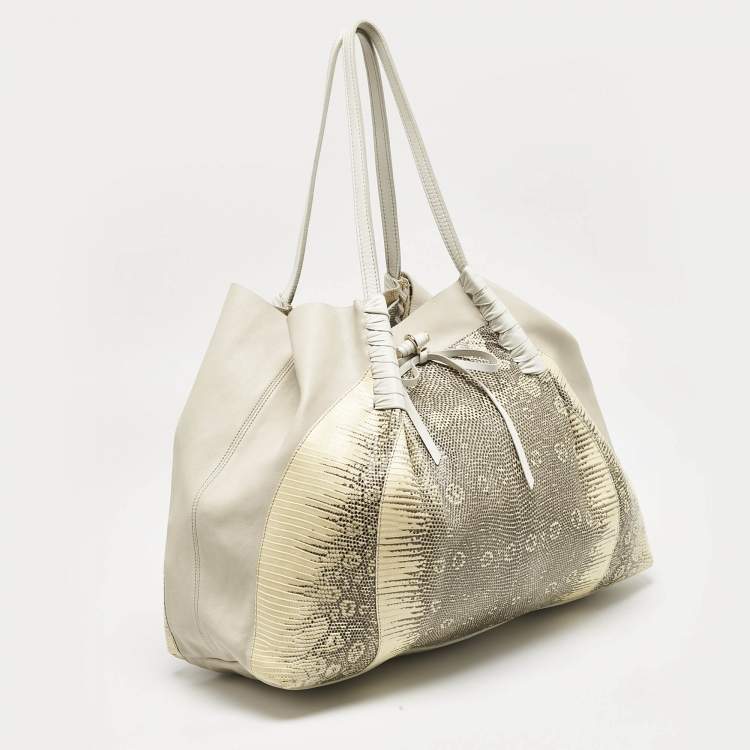 Pre Owned Nina Ricci Beige/Cream Leather and Lizard Ondine Cabas Tote
