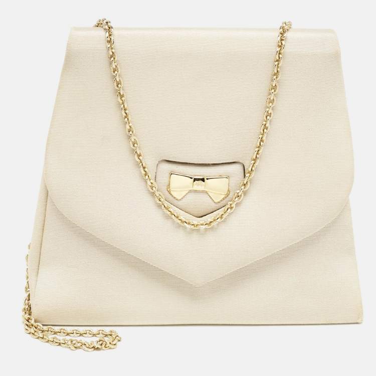 Pre Owned Nina Ricci Beige Fabric Bow Flap Chain Shoulder Bag