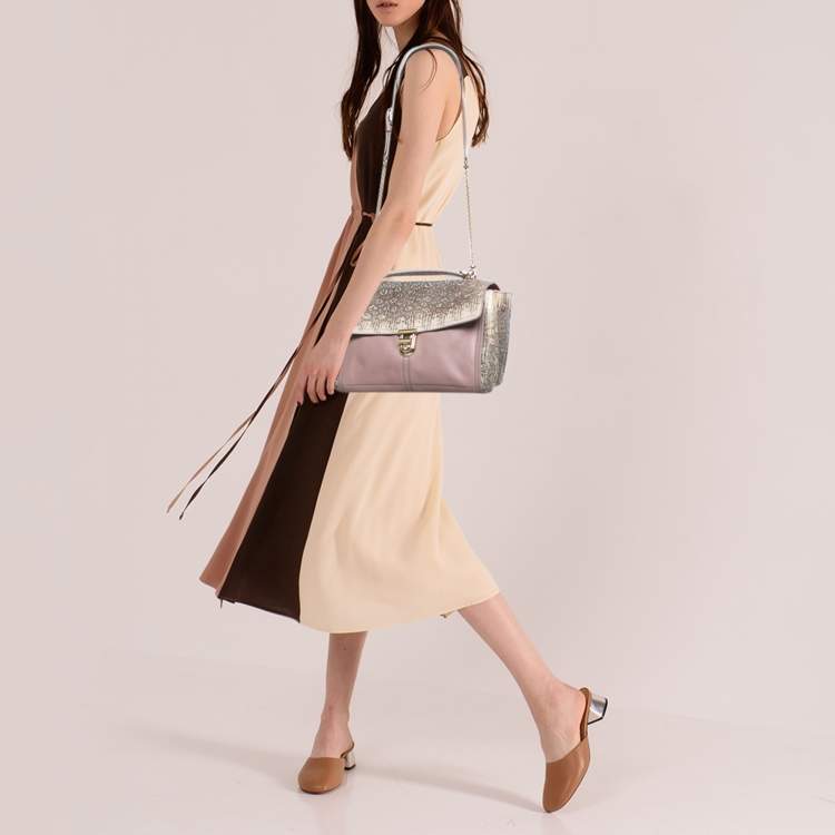 Pre Owned Nina Ricci Mauve Leather and Lizard Flap Top Handle Bag