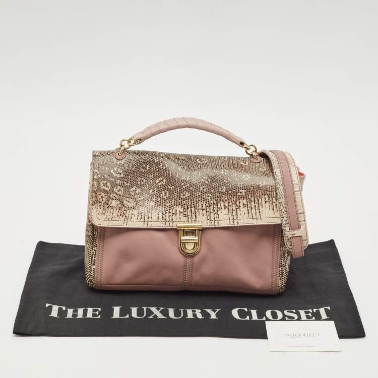 Pre Owned Nina Ricci Mauve Leather and Lizard Flap Top Handle Bag