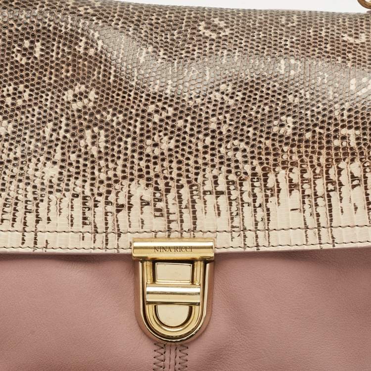 Pre Owned Nina Ricci Mauve Leather and Lizard Flap Top Handle Bag