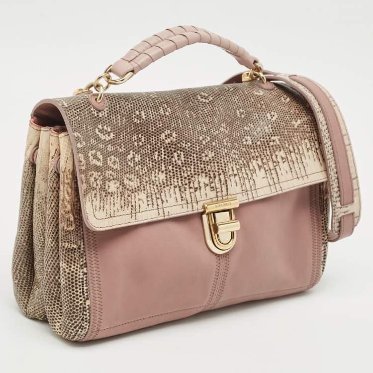 Pre Owned Nina Ricci Mauve Leather and Lizard Flap Top Handle Bag