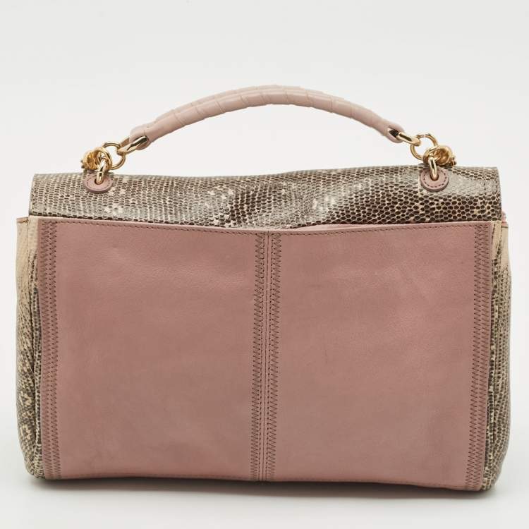 Pre Owned Nina Ricci Mauve Leather and Lizard Flap Top Handle Bag