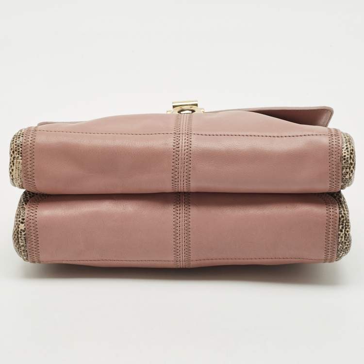 Pre Owned Nina Ricci Mauve Leather and Lizard Flap Top Handle Bag