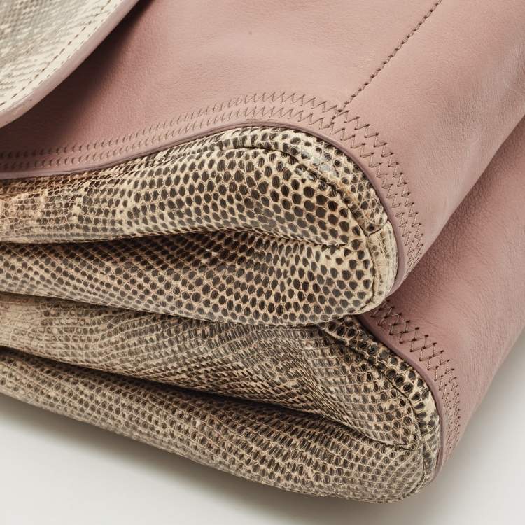 Pre Owned Nina Ricci Mauve Leather and Lizard Flap Top Handle Bag