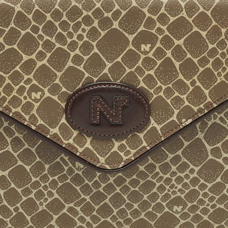 Pre Owned Nina Ricci Envelope Flap Brown Printed Leather Shoulder Bag