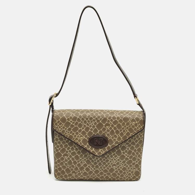 Pre Owned Nina Ricci Envelope Flap Brown Printed Leather Shoulder Bag
