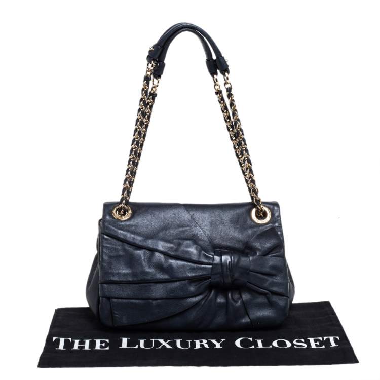 Pre Owned Nina Ricci Navy Blue Pleated Leather Bow Shoulder Bag
