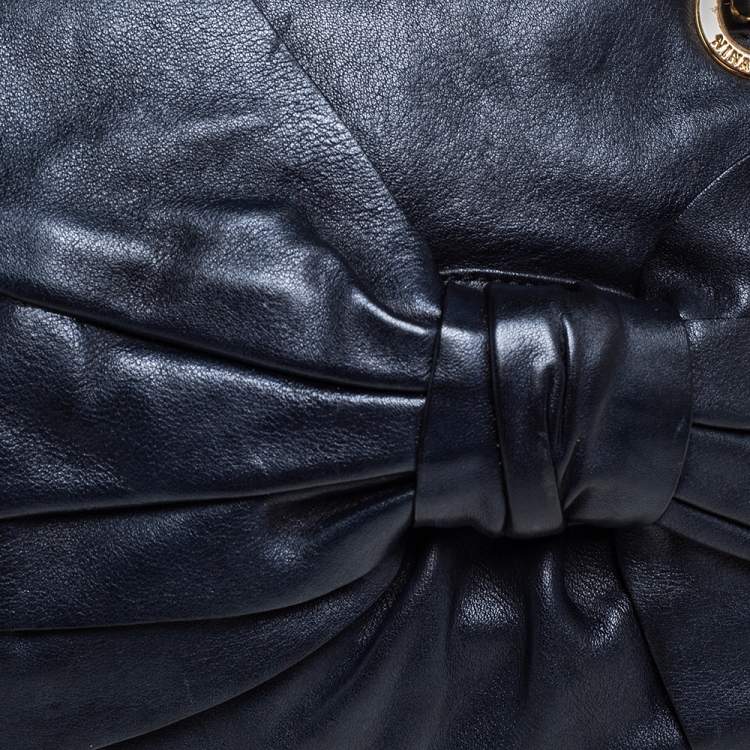 Pre Owned Nina Ricci Navy Blue Pleated Leather Bow Shoulder Bag