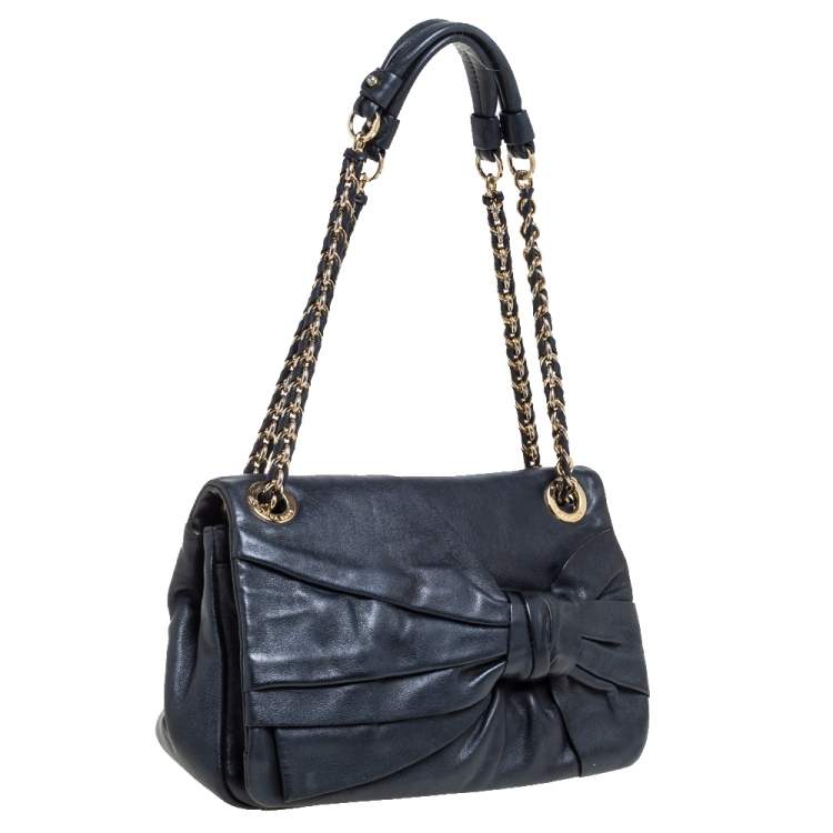 Pre Owned Nina Ricci Navy Blue Pleated Leather Bow Shoulder Bag