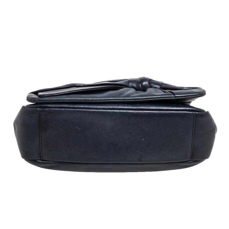 Pre Owned Nina Ricci Navy Blue Pleated Leather Bow Shoulder Bag
