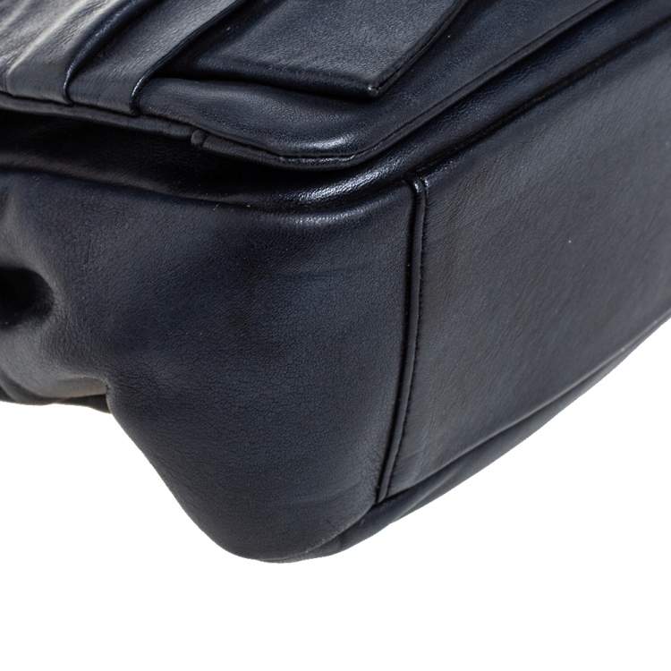 Pre Owned Nina Ricci Navy Blue Pleated Leather Bow Shoulder Bag