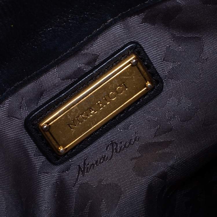 Pre Owned Nina Ricci Navy Blue Pleated Leather Bow Shoulder Bag