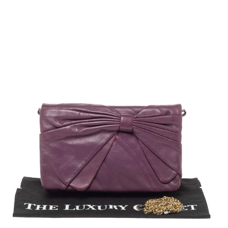 مملوكة مسبقًا Nina Ricci Purple Leather Pleated Bow Flap Shoulder Bag