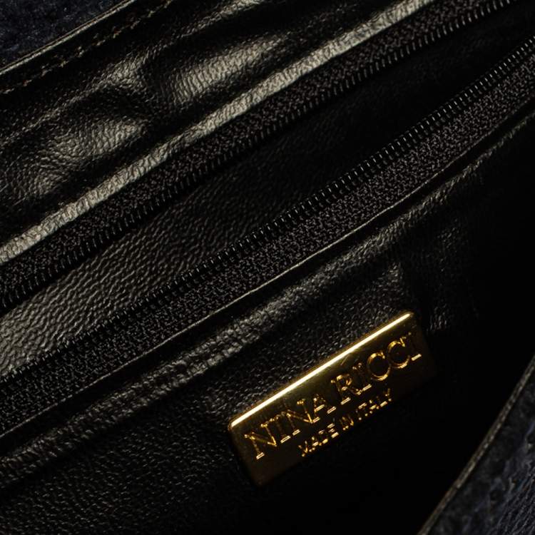 Pre Owned Nina Ricci Dark Blue Woven Suede and Leather Flap Shoulder Bag