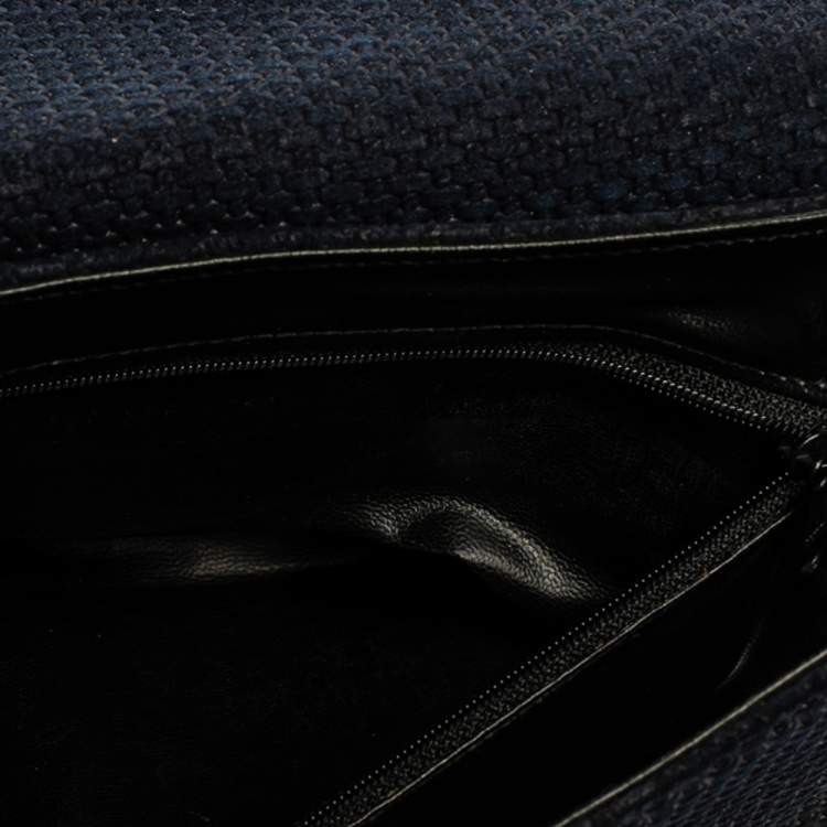 Pre Owned Nina Ricci Dark Blue Woven Suede and Leather Flap Shoulder Bag