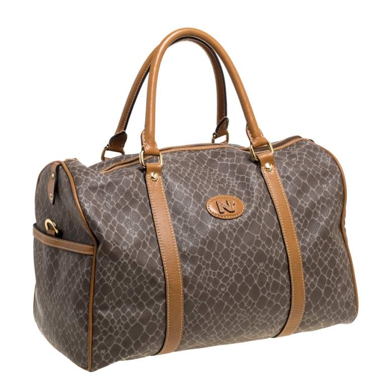 Pre Owned Nina Ricci Brown/Taupe Printed Coated Canvas and Leather Duffel Bag