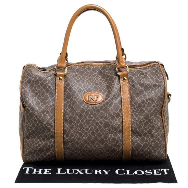 Pre Owned Nina Ricci Brown/Taupe Printed Coated Canvas and Leather Duffel Bag