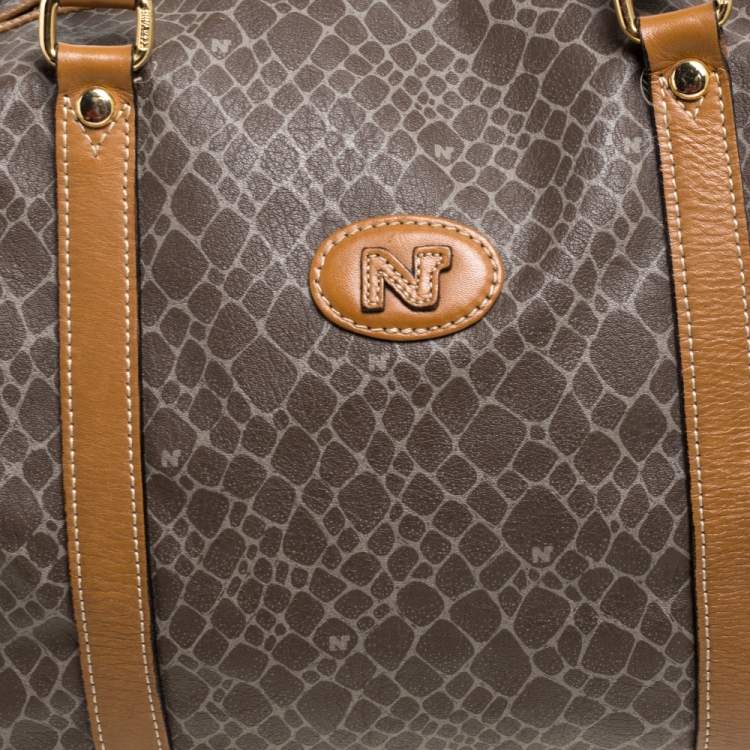 Pre Owned Nina Ricci Brown/Taupe Printed Coated Canvas and Leather Duffel Bag