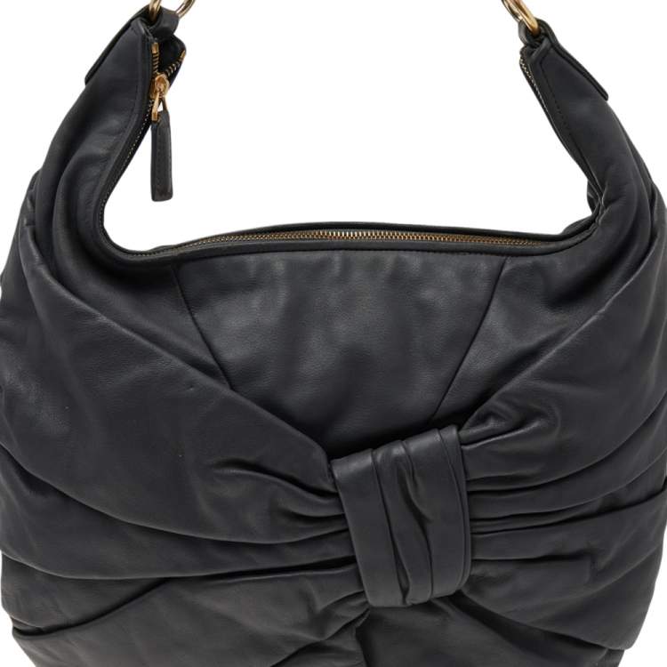 Pre Owned Nina Ricci Dark Grey Pleated Leather Chain Hobo 