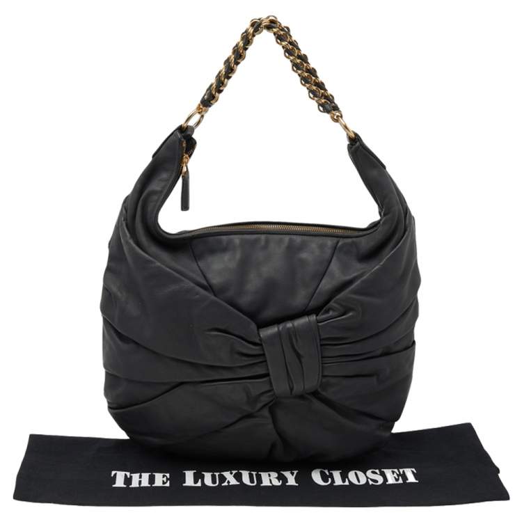 Pre Owned Nina Ricci Dark Grey Pleated Leather Chain Hobo 