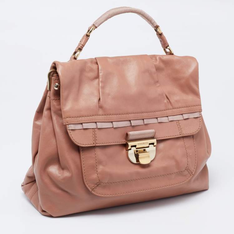 Pre Owned Nina Ricci Rose Beige Leather and Fabric Liane Top Handle Bag