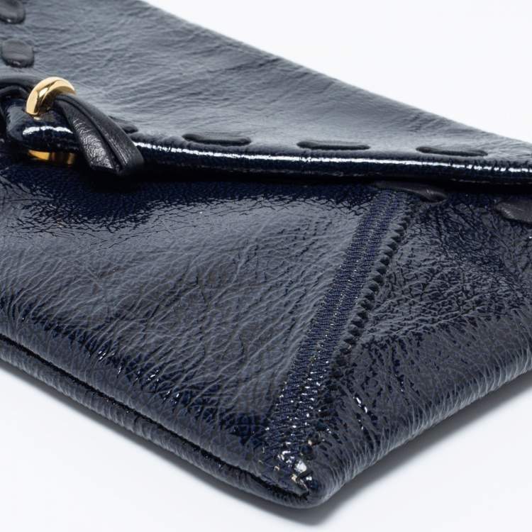 Pre Owned Nina Ricci Navy Blue Crinkle Patent Leather Bow Envelope Flap Clutch