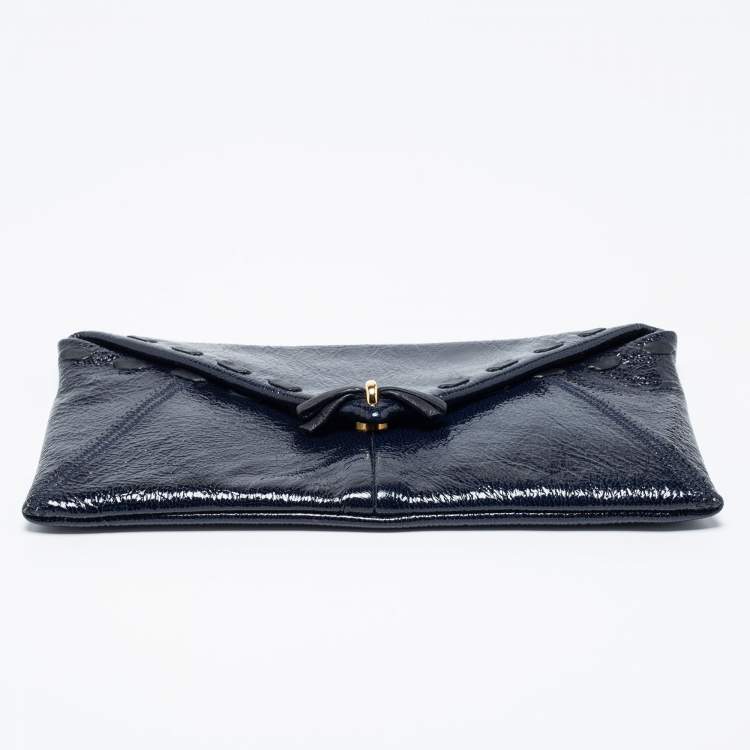 Pre Owned Nina Ricci Navy Blue Crinkle Patent Leather Bow Envelope Flap Clutch