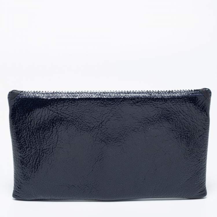 Pre Owned Nina Ricci Navy Blue Crinkle Patent Leather Bow Envelope Flap Clutch
