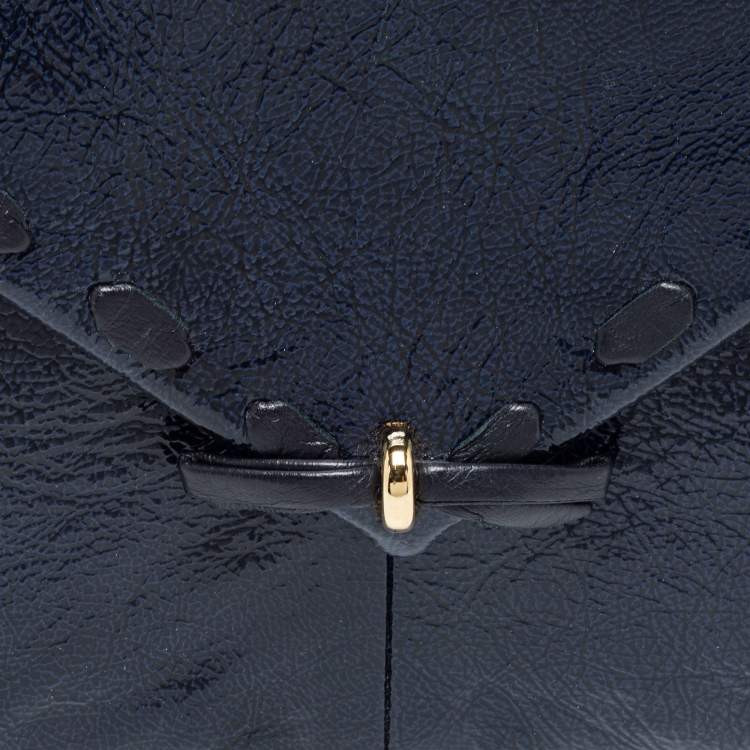Pre Owned Nina Ricci Navy Blue Crinkle Patent Leather Bow Envelope Flap Clutch